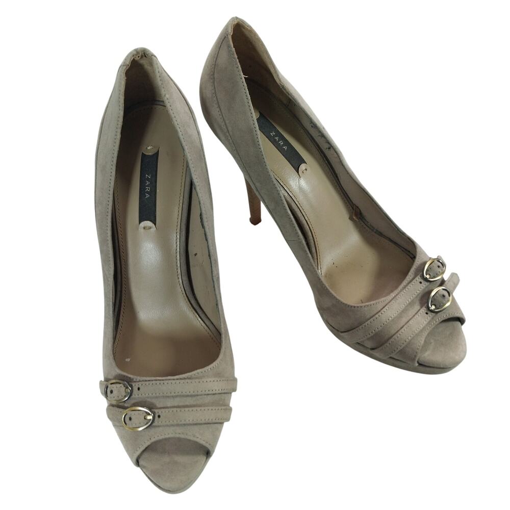 ZARA! TAUPE BEIGE GRAY GENUINE SUEDE LEATHER PEEP TOE STILETTO PUMPS! SZ 7.5M